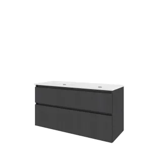 Proline Bathroom furniture - Elegant porcelain washbasin - Black oak/Gloss white - 120x46x62 cm - Double washbasin without tap hole - 2 asymmetrical drawers