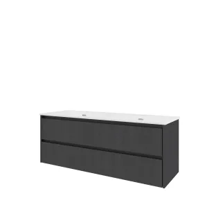 Proline Bathroom furniture - Elegant porcelain washbasin - Black oak/Gloss white - 140x46x54 cm - Double washbasin with 2 tap holes - 2 symmetrical drawers