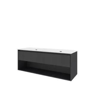 Proline Bathroom furniture - Elegant porcelain washbasin - Black oak/Gloss white - 140x46x54 cm - Double washbasin without tap hole - 1 drawer and 1 open shelf