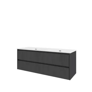 Proline Bathroom furniture - Elegant porcelain washbasin - Black oak/Gloss white - 140x46x54 cm - Double washbasin without tap hole - 2 symmetrical drawers