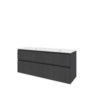 Proline Bathroom furniture - Elegant porcelain washbasin - Black oak/Gloss white - 140x46x62 cm - Double washbasin with 2 tap holes - 2 asymmetrical drawers