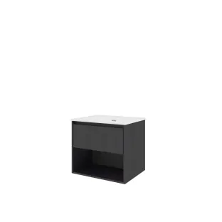 Proline Bathroom furniture - Elegant porcelain washbasin - Black oak/Gloss white - 60x46x54 cm - Single washbasin with 1 tap hole - 1 drawer and 1 open shelf