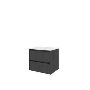 Proline Bathroom furniture - Elegant porcelain washbasin - Black oak/Gloss white - 60x46x54 cm - Single washbasin with 1 tap hole - 2 symmetrical drawers