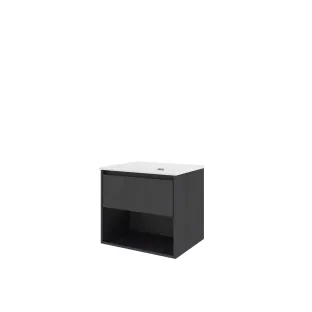 Proline Bathroom furniture - Elegant porcelain washbasin - Black oak/Gloss white - 60x46x54 cm - Single washbasin without tap hole - 1 drawer and 1 open shelf