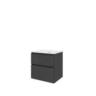 Proline Bathroom furniture - Elegant porcelain washbasin - Black oak/Gloss white - 60x46x62 cm - Single washbasin with 1 tap hole - 2 asymmetrical drawers