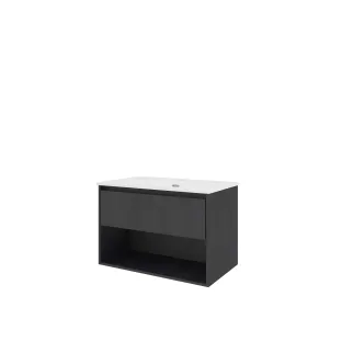 Proline Bathroom furniture - Elegant porcelain washbasin - Black oak/Gloss white - 80x46x54 cm - Single washbasin with 1 tap hole - 1 drawer and 1 open shelf