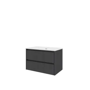 Proline Bathroom furniture - Elegant porcelain washbasin - Black oak/Gloss white - 80x46x54 cm - Single washbasin with 1 tap hole - 2 symmetrical drawers