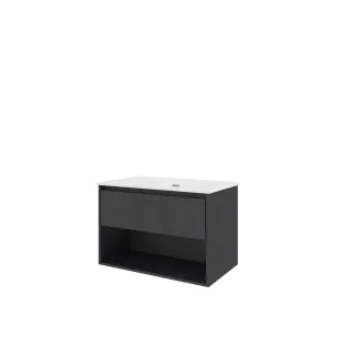 Proline Bathroom furniture - Elegant porcelain washbasin - Black oak/Gloss white - 80x46x54 cm - Single washbasin without tap hole - 1 drawer and 1 open shelf