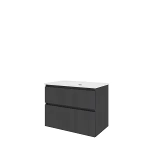 Proline Bathroom furniture - Elegant porcelain washbasin - Black oak/Gloss white - 80x46x62 cm - Single washbasin with 1 tap hole - 2 asymmetrical drawers