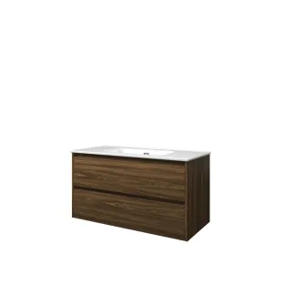 Proline Bathroom furniture - Elegant porcelain washbasin - Cabana oak/Gloss white - 100x46x54 cm - Single washbasin with 1 tap hole - 2 symmetrical drawers