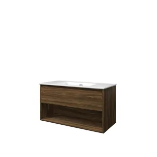 Proline Bathroom furniture - Elegant porcelain washbasin - Cabana oak/Gloss white - 100x46x54 cm - Single washbasin without tap hole - 1 drawer and 1 open shelf