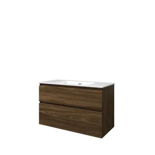 Proline Bathroom furniture - Elegant porcelain washbasin - Cabana oak/Gloss white - 100x46x62 cm - Single washbasin with 1 tap hole - 2 asymmetrical drawers