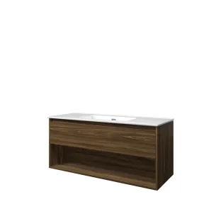 Proline Bathroom furniture - Elegant porcelain washbasin - Cabana oak/Gloss white - 120x46x54 cm - Single washbasin without tap hole - 1 drawer and 1 open shelf