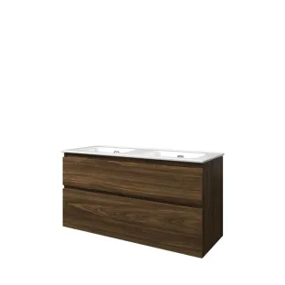 Proline Bathroom furniture - Elegant porcelain washbasin - Cabana oak/Gloss white - 120x46x62 cm - Double washbasin with 2 tap holes - 2 asymmetrical drawers