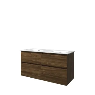 Proline Bathroom furniture - Elegant porcelain washbasin - Cabana oak/Gloss white - 120x46x62 cm - Double washbasin with 2 tap holes - 4 asymmetrical drawers