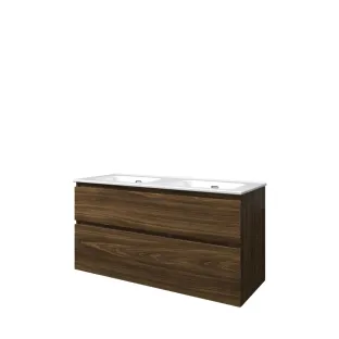 Proline Bathroom furniture - Elegant porcelain washbasin - Cabana oak/Gloss white - 120x46x62 cm - Double washbasin without tap hole - 2 asymmetrical drawers