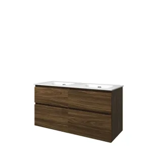 Proline Bathroom furniture - Elegant porcelain washbasin - Cabana oak/Gloss white - 120x46x62 cm - Double washbasin without tap hole - 4 asymmetrical drawers