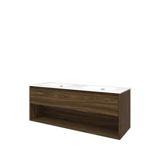 Proline Bathroom furniture - Elegant porcelain washbasin - Cabana oak/Gloss white - 140x46x54 cm - Double washbasin with 2 tap holes - 1 drawer and 1 open shelf