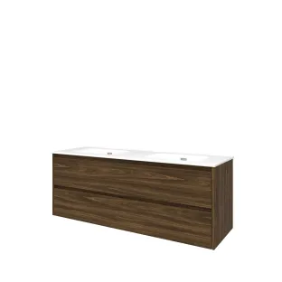 Proline Bathroom furniture - Elegant porcelain washbasin - Cabana oak/Gloss white - 140x46x54 cm - Double washbasin with 2 tap holes - 2 symmetrical drawers