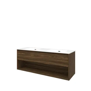 Proline Bathroom furniture - Elegant porcelain washbasin - Cabana oak/Gloss white - 140x46x54 cm - Double washbasin without tap hole - 1 drawer and 1 open shelf