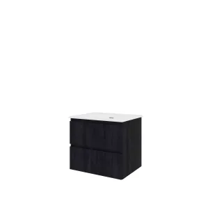 Proline Bathroom furniture - Elegant porcelain washbasin - Charcoal oak/Gloss white - 60x46x54 cm - Single washbasin with 1 tap hole - 2 drawers milled vertically