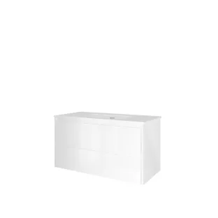 Proline Bathroom furniture - Elegant porcelain washbasin - Gloss white/Gloss white - 100x46x54 cm - Single washbasin without tap hole - 2 symmetrical drawers