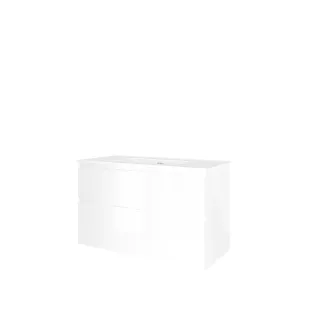 Proline Bathroom furniture - Elegant porcelain washbasin - Gloss white/Gloss white - 100x46x62 cm - Single washbasin with 1 tap hole - 2 asymmetrical drawers