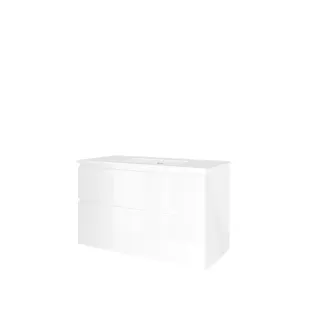 Proline Bathroom furniture - Elegant porcelain washbasin - Gloss white/Gloss white - 100x46x62 cm - Single washbasin without tap hole - 2 asymmetrical drawers