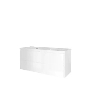 Proline Bathroom furniture - Elegant porcelain washbasin - Gloss white/Gloss white - 120x46x54 cm - Double washbasin with 2 tap holes - 2 symmetrical drawers