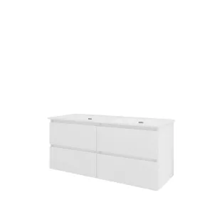 Proline Bathroom furniture - Elegant porcelain washbasin - Gloss white/Gloss white - 120x46x54 cm - Double washbasin with 2 tap holes - 4 vertically milled drawers