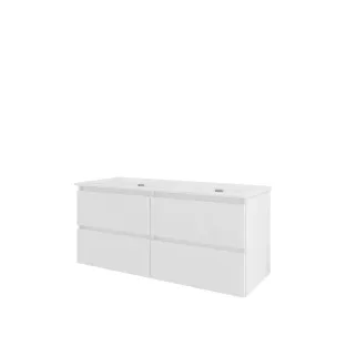 Proline Bathroom furniture - Elegant porcelain washbasin - Gloss white/Gloss white - 120x46x54 cm - Double washbasin without tap hole - 4 drawers milled vertically