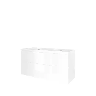 Proline Bathroom furniture - Elegant porcelain washbasin - Gloss white/Gloss white - 120x46x62 cm - Double washbasin with 2 tap holes - 2 asymmetrical drawers