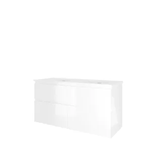 Proline Bathroom furniture - Elegant porcelain washbasin - Gloss white/Gloss white - 120x46x62 cm - Double washbasin with 2 tap holes - 4 asymmetrical drawers