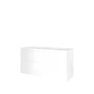 Proline Bathroom furniture - Elegant porcelain washbasin - Gloss white/Gloss white - 120x46x62 cm - Double washbasin without tap hole - 2 asymmetrical drawers