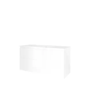 Proline Bathroom furniture - Elegant porcelain washbasin - Gloss white/Gloss white - 120x46x62 cm - Single washbasin with 1 tap hole - 2 asymmetrical drawers