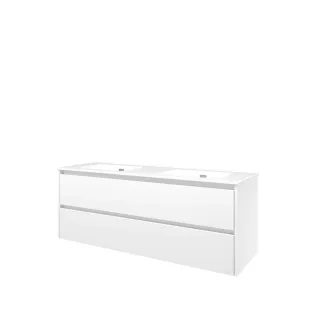 Proline Bathroom furniture - Elegant porcelain washbasin - Gloss white/Gloss white - 140x46x54 cm - Double washbasin without tap hole - 2 symmetrical drawers