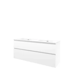 Proline Bathroom furniture - Elegant porcelain washbasin - Gloss white/Gloss white - 140x46x62 cm - Double washbasin with 2 tap holes - 2 asymmetrical drawers