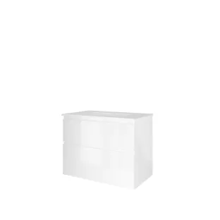 Proline Bathroom furniture - Elegant porcelain washbasin - Gloss white/Gloss white - 80x46x62 cm - Single washbasin with 1 tap hole - 2 asymmetrical drawers