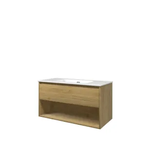 Proline Bathroom furniture - Elegant porcelain washbasin - Ideal oak/Gloss white - 100x46x54 cm - Single washbasin with 1 tap hole - 1 drawer and 1 open shelf