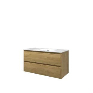 Proline Bathroom furniture - Elegant porcelain washbasin - Ideal oak/Gloss white - 100x46x54 cm - Single washbasin with 1 tap hole - 2 symmetrical drawers