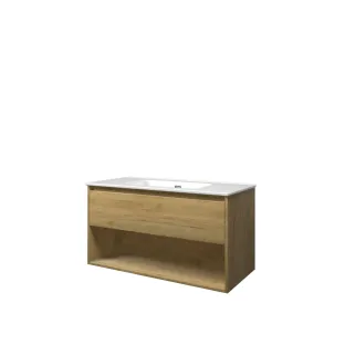 Proline Bathroom furniture - Elegant porcelain washbasin - Ideal oak/Gloss white - 100x46x54 cm - Single washbasin without tap hole - 1 drawer and 1 open shelf