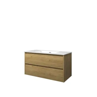 Proline Bathroom furniture - Elegant porcelain washbasin - Ideal oak/Gloss white - 100x46x54 cm - Single washbasin without tap hole - 2 symmetrical drawers