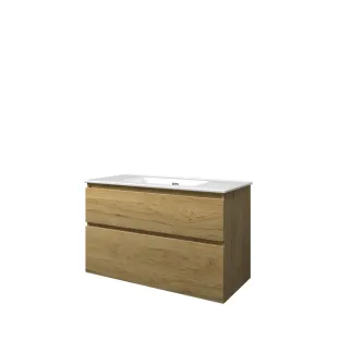 Proline Bathroom furniture - Elegant porcelain washbasin - Ideal oak/Gloss white - 100x46x62 cm - Single washbasin without tap hole - 2 asymmetrical drawers