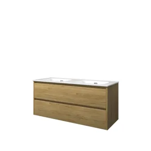 Proline Bathroom furniture - Elegant porcelain washbasin - Ideal oak/Gloss white - 120x46x54 cm - Double washbasin without tap hole - 2 symmetrical drawers