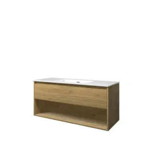 Proline Bathroom furniture - Elegant porcelain washbasin - Ideal oak/Gloss white - 120x46x54 cm - Single washbasin without tap hole - 1 drawer and 1 open shelf