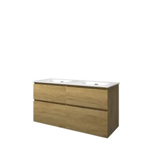 Proline Bathroom furniture - Elegant porcelain washbasin - Ideal oak/Gloss white - 120x46x62 cm - Double washbasin without tap hole - 4 asymmetrical drawers