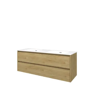 Proline Bathroom furniture - Elegant porcelain washbasin - Ideal oak/Gloss white - 140x46x54 cm - Double washbasin with 2 tap holes - 2 symmetrical drawers