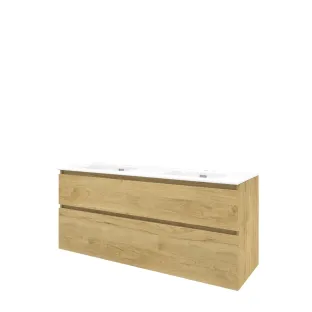 Proline Bathroom furniture - Elegant porcelain washbasin - Ideal oak/Gloss white - 140x46x62 cm - Double washbasin with 2 tap holes - 2 asymmetrical drawers