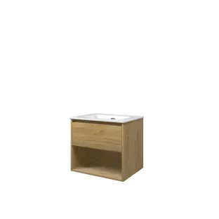 Proline Bathroom furniture - Elegant porcelain washbasin - Ideal oak/Gloss white - 60x46x54 cm - Single washbasin with 1 tap hole - 1 drawer and 1 open shelf