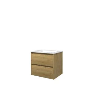 Proline Bathroom furniture - Elegant porcelain washbasin - Ideal oak/Gloss white - 60x46x54 cm - Single washbasin with 1 tap hole - 2 symmetrical drawers